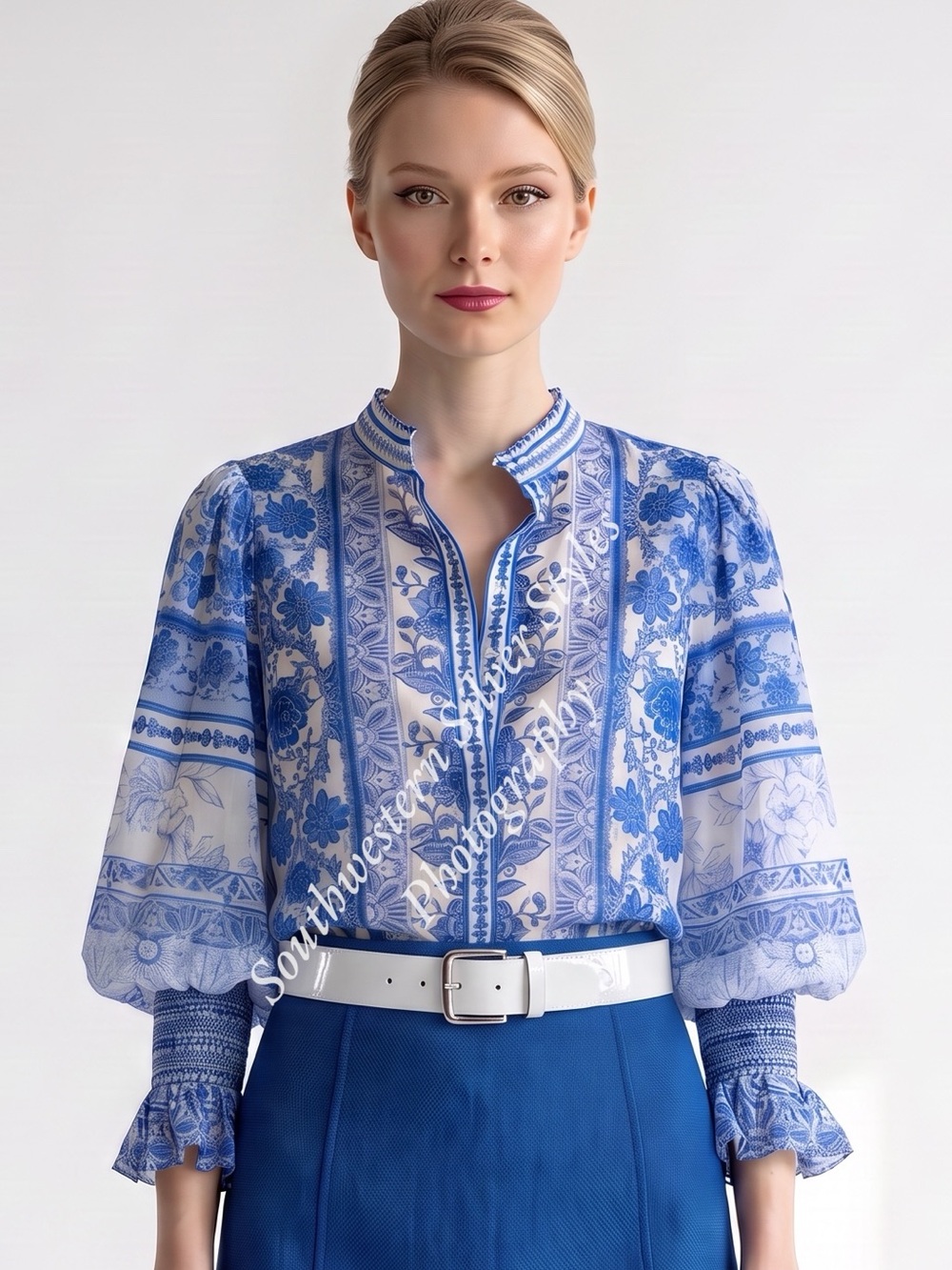 Alice + Olivia Ilan Smocked Sleeves Silk Blend Blue White Floral Pattern Blouse